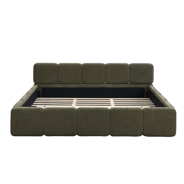 Lit plateforme Toby en tissu lin avec tete et pied de lit epaissis, taille king, vert