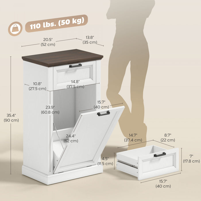HOMCOM Meuble a Poubelle Basculant 38L avec Tiroir Effet Bois Blanc