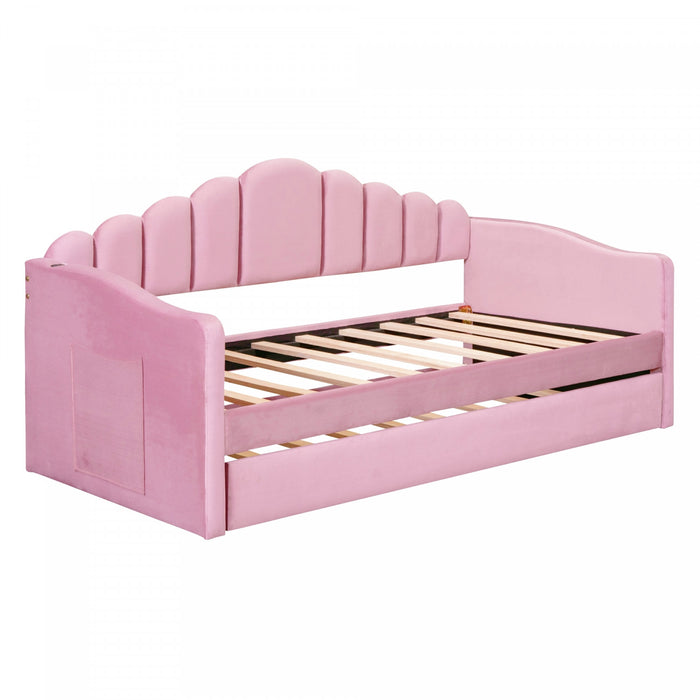 Lily Lit Relevable Capitonne avec Lit Gigogne et Ports de Chargement USB, Taille Twin, Rose