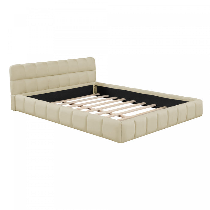 Lit plateforme rembourre Jessica avec tissu en lin confortable et cadre robuste, taille Queen, beige