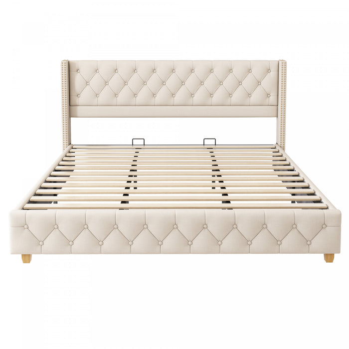 Lit plateforme en lin Haley avec tete de lit a ailes classiques et capitonnage en diamant, taille King, beige