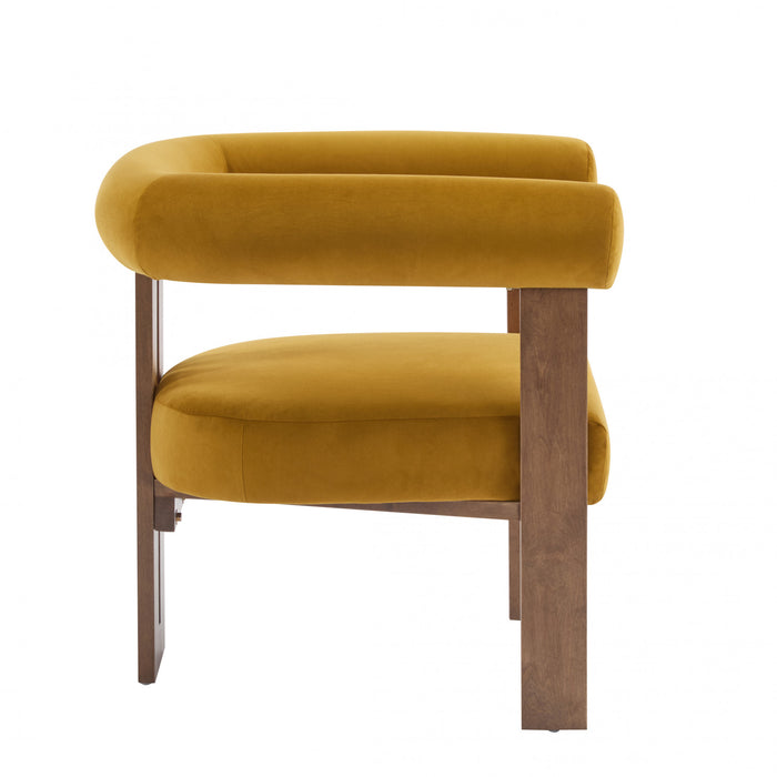 Crest Fauteuil d'Appoint Moderne a Accoudoirs Ronds et Pieds Triangulaires, Jaune Moutarde, Noyer