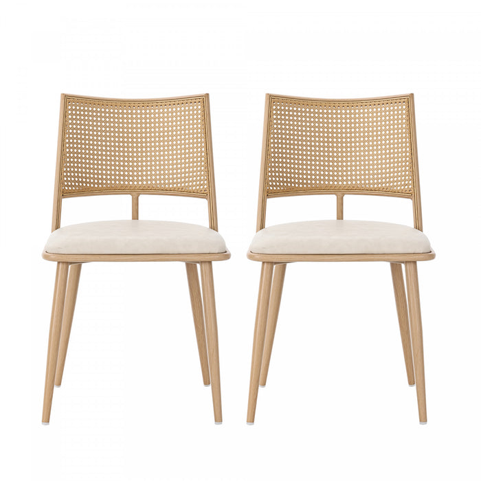 Chaises de salle a manger modernes Oliver avec assise rembourree en PU et dossier en rotin PE, lot de 2, beige