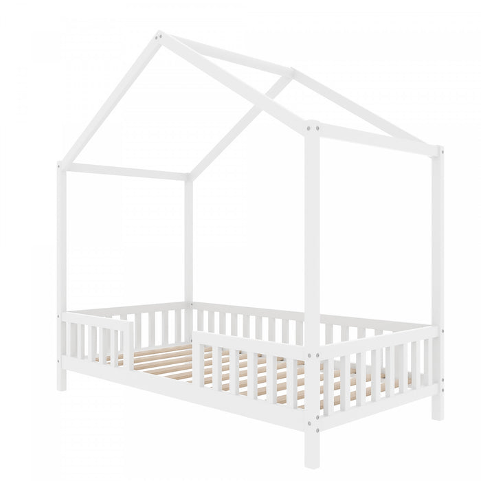 Paul Lit Montessori au sol avec baldaquin et barrieres hautes, Taille Simple, Blanc