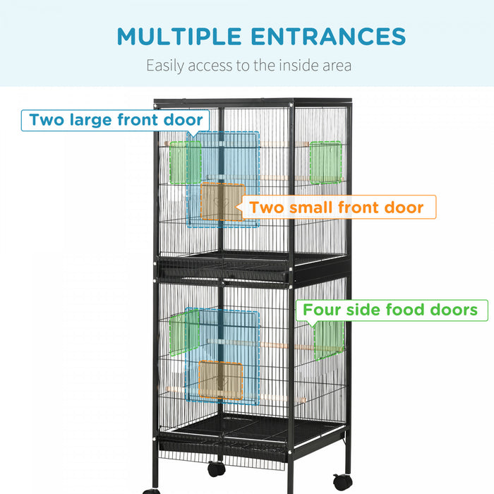 Pawhut 55.1\" 2 En 1 Cage A Oiseaux Voliere Perruche Maison Pour Pinsons, Perruches Avec Roues, Plateaux Coulissants, Perchoir En Bois, Recipients Alimentaires, Noir