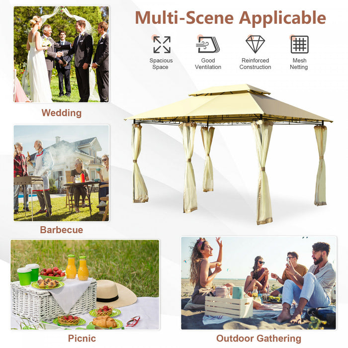 2-tier 10’x13’ Acier Gazebo Canopy Tente Abri Patio Jardin Filet Exterieur Beige