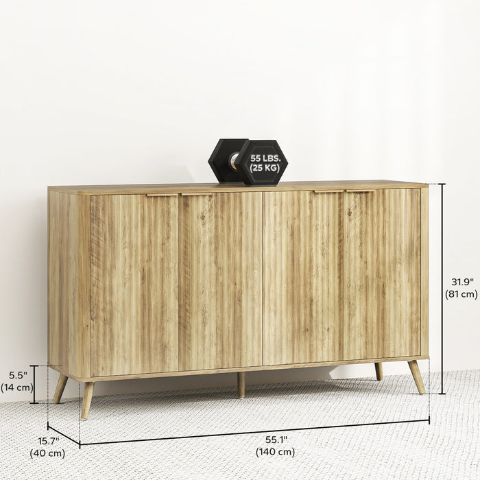 HOMCOM Buffet moderne 55\" avec rangement et 4 portes cannelees, chene