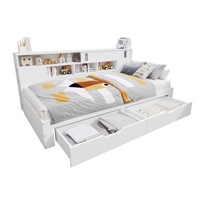 Banquette-lit Liam avec tiroirs de rangement et etageres integrees, taille full, blanc