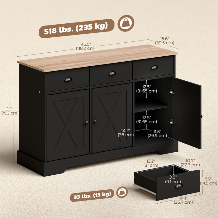 HOMCOM Buffet de 46.5\" avec 3 portes de style grange et 3 tiroirs, noir