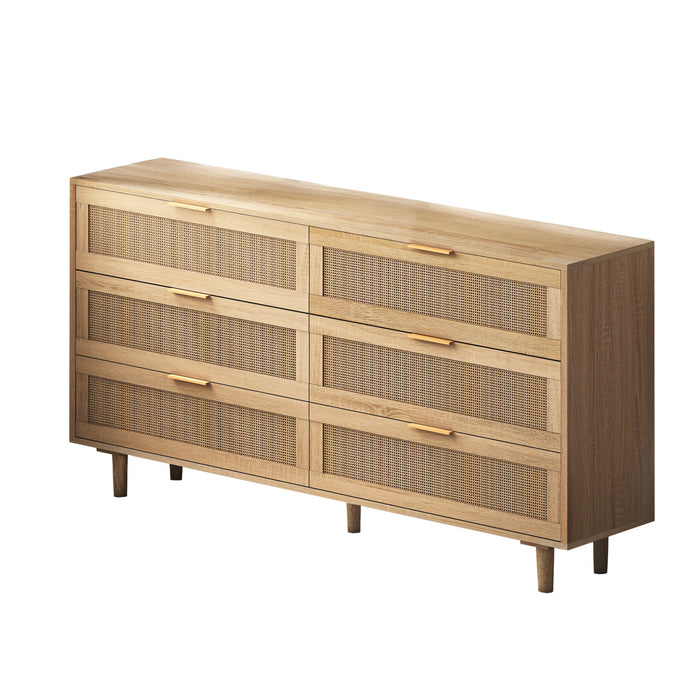 Meuble de rangement moderne Mila a 6 tiroirs en rotin avec structure en bois manufacture - couleur naturelle