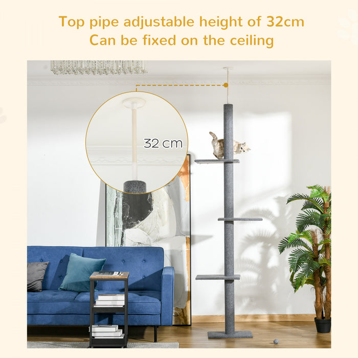 Pawhut 100\" Arbre A Chat Du Sol Au Plafond Avec 3 Perchoirs Centre D'activites Pour Chatons Cat Tower Furniture Gris