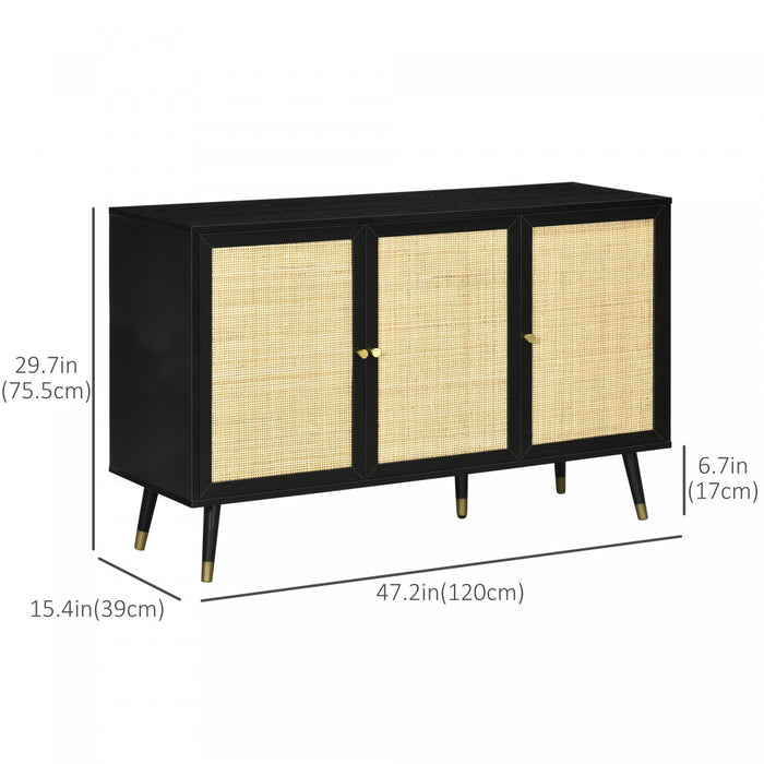 HOMCOM Buffet de cuisine avec 3 etageres portes en rotin, Noir