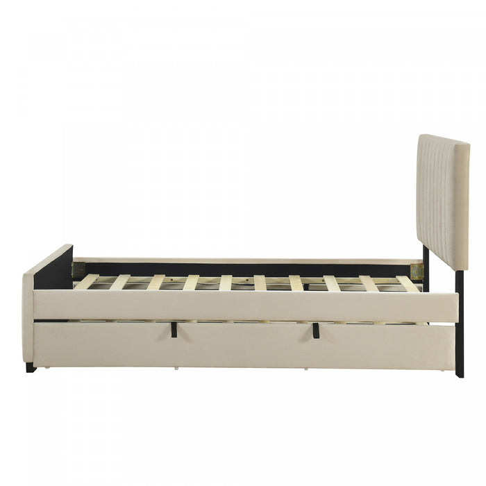 Lit plateforme Ethan rembourre en velours, gain de place, avec tiroir gigogne, taille simple, beige