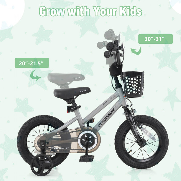 Costway 14\" Velo Pour Enfants Avec Roues D'entrainement Guidon Reglable Et Frein A Main De Siege Argent