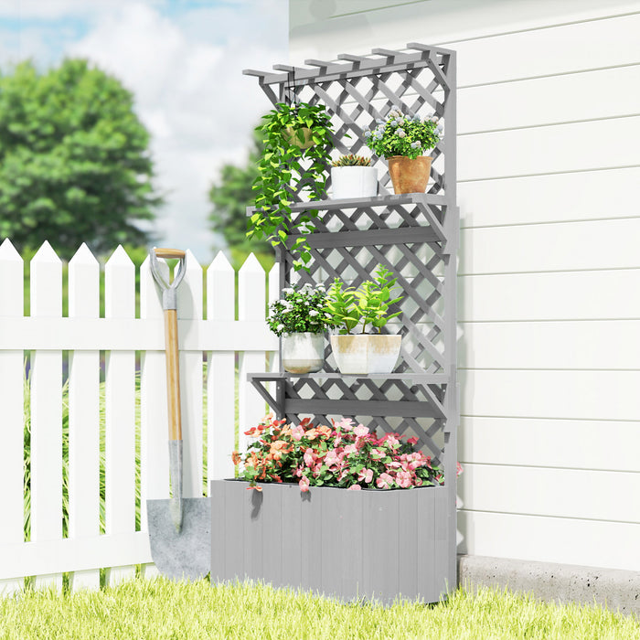 Outsunny Lit de jardin sureleve avec treillis et etagere a plantes, gris