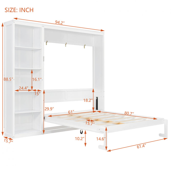 Jessie Lit escamotable mural multifonction avec etageres, Taille Queen, Blanc
