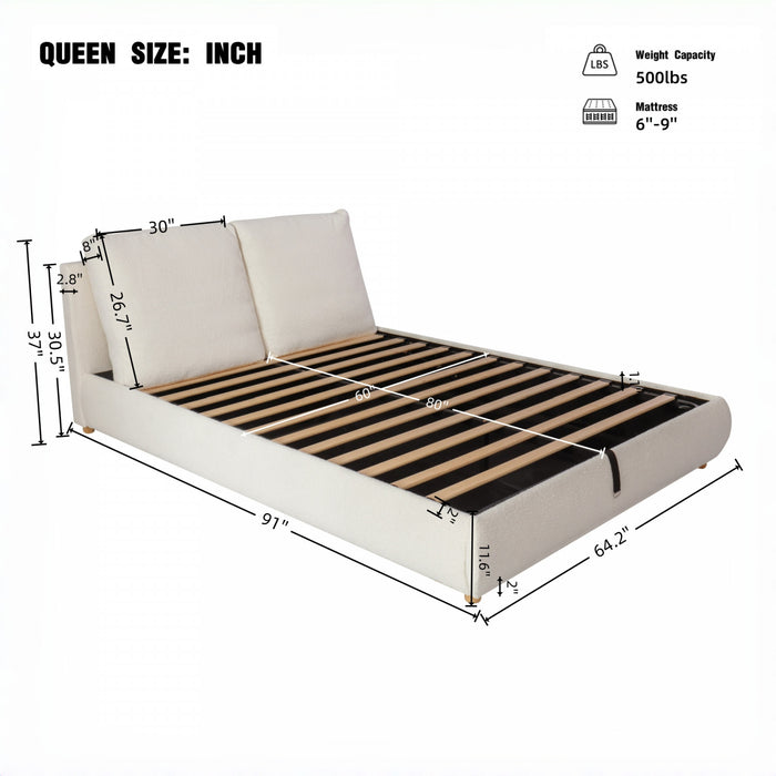 Lit plateforme avec rangement et levee hydraulique Diana, recouvert de boucle luxueux, taille Queen, blanc