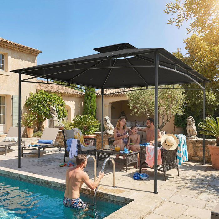 Outsunny Tonnelle 3 x 3 m, Abri de Jardin a Toit Souple a 2 Niveaux, Gris Fonce