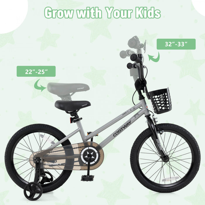Costway 16\" Velo Pour Enfants Avec Roues D'entrainement Guidon Reglable Et Frein A Main De Siege Argent