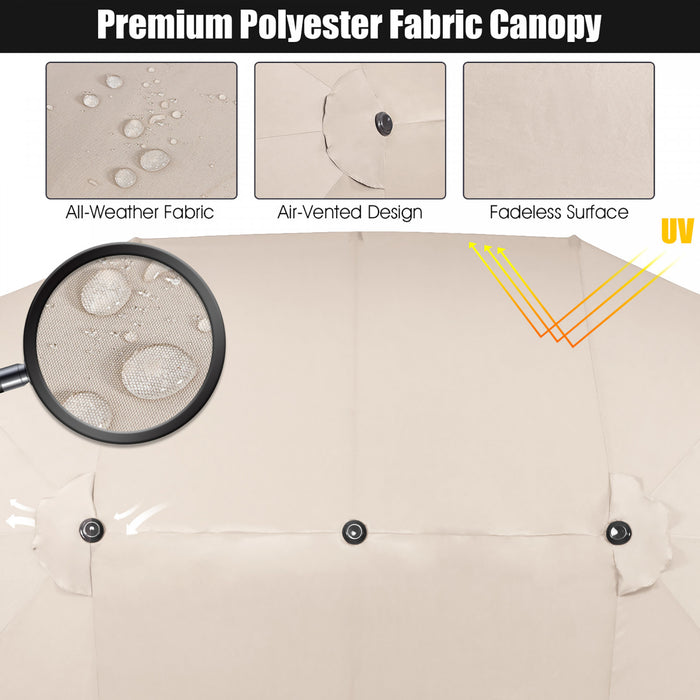 Parasol de patio jumeau double face Costway de 15 pieds, ombrage exterieur, manivelle et base de marche beige