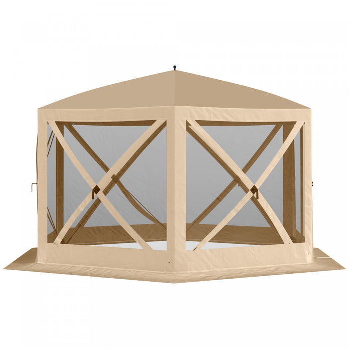 Outsunny 12' X 12' Tente Automatiquehe Xagonale A Ecran Escamotable, Abri De Camping, Auvent De Pique-nique, Pare-soleil Exterieur Avec Parois Laterales En Maille Et Sac De Transport