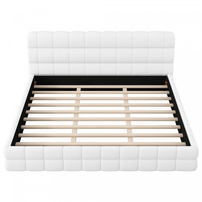 Lit plateforme moderne Emma rembourre avec structure en bois massif confortable, taille king, blanc