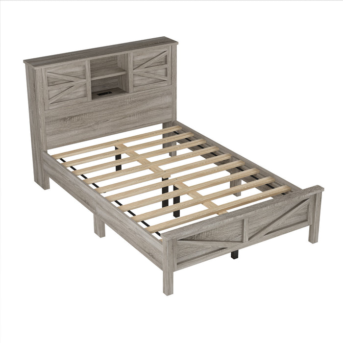 Madison Ensemble de chambre avec lit plateforme style ferme, rangement et station de recharge, taille Full, gris