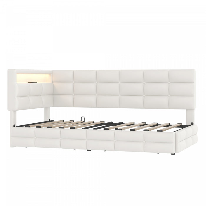 Banquette-lit Sophia rembourree avec lumieres LED et tiroirs de rangement, taille simple, beige