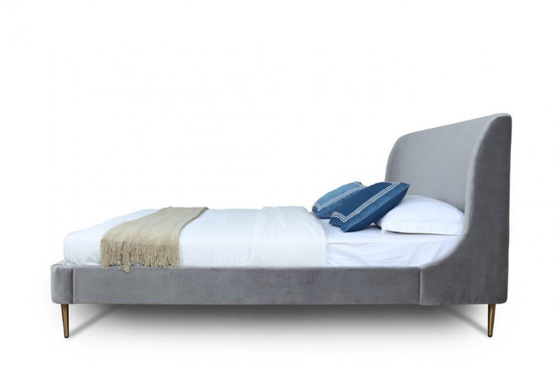 Lit Queen Heather style milieu du siecle moderne, rembourre en velours gris et or