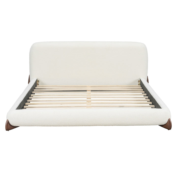 Cadre de lit plateforme Emma a profil bas avec tete de lit courbee et revetement en boucle, taille king, blanc creme