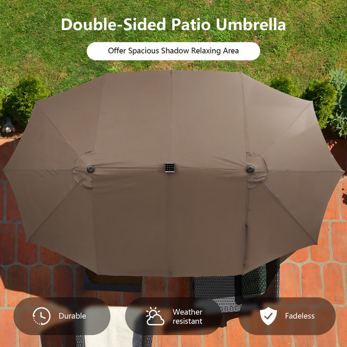 Costway Parasol double face jumeau 15FT pour patio avec 48 LED solaires a manivelle Cafe
