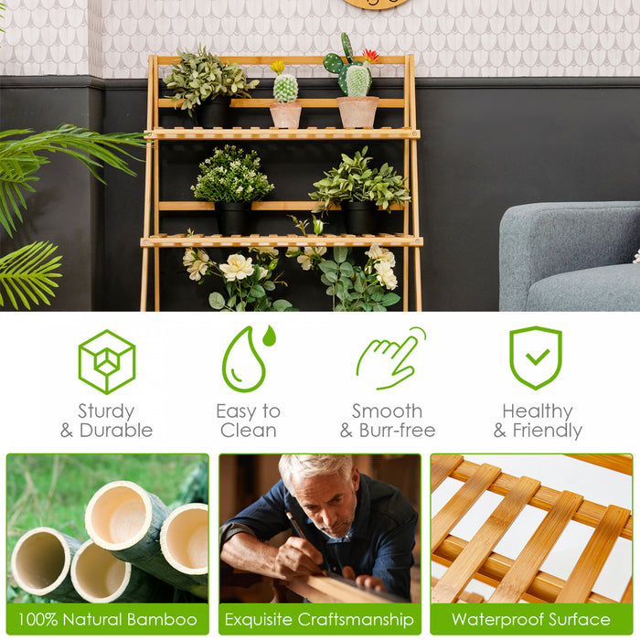 Support De Plantes De Marque Costway Echelle Pliable En Bambou Sur 3 Niveaux Presentoir/support Pour Pots De Fleur Naturel