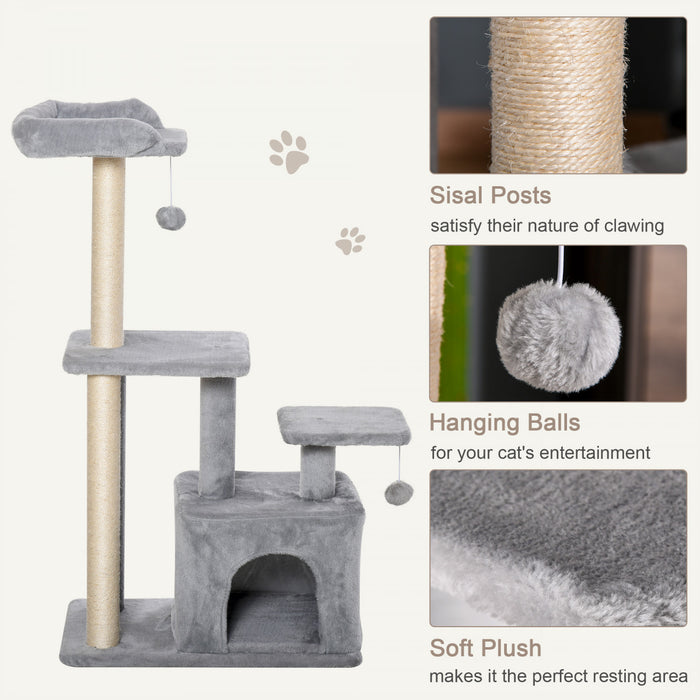 Pawhut Arbre A Chat D'interieur, Condo A Plusieurs Niveaux Avec Griffoir En Sisal, Perchoir, Boule A Suspendre, Gris Clair