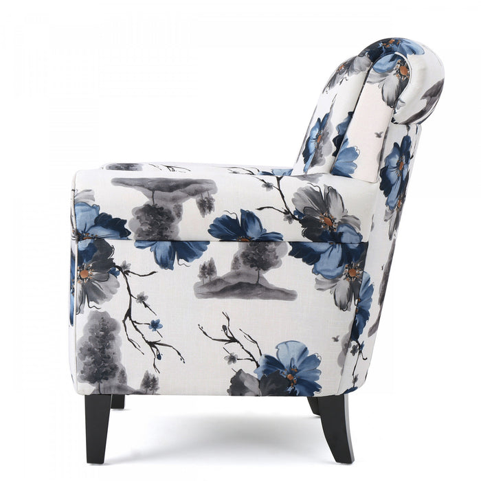 Pansy Fauteuil D’appoint Tapise En Tissu Fleuri Avec Accoudoirs Evases Et Pieds En Bois, Fleuri