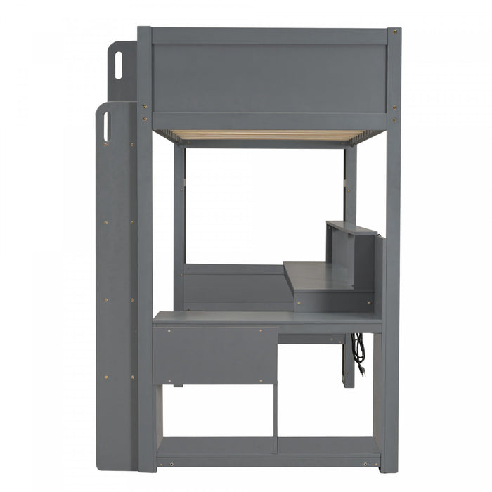 Jackson – Lit Mezzanine Simple En Bois Massif Avec Bureau, Etageres De Rangement, Eclairage Del Et Station De Recharge – Gris Fonce