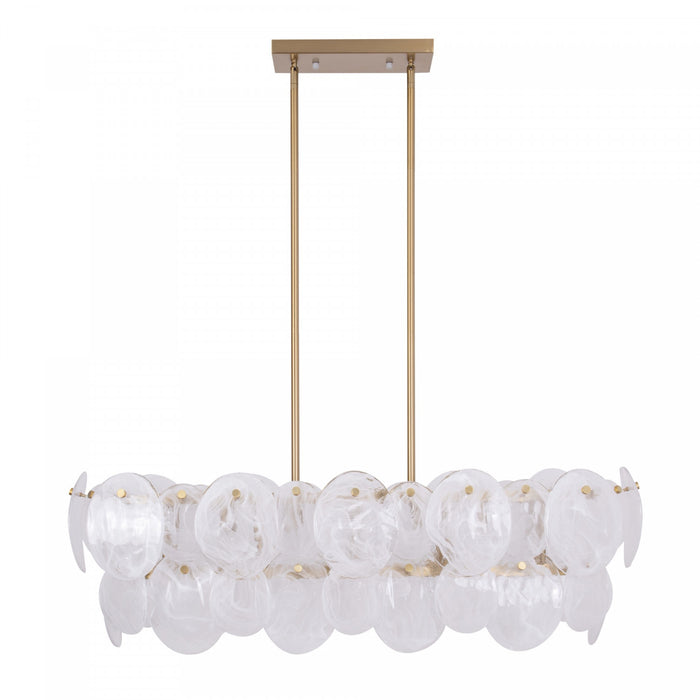 Luminaire D’ilot A 7 lampes Lily, Laiton Brosse Et Verre Genre Murano Blanc Vaporeux
