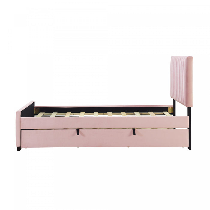 Lit plateforme Ethan rembourre en velours, gain de place, avec tiroir gigogne, taille simple, rose