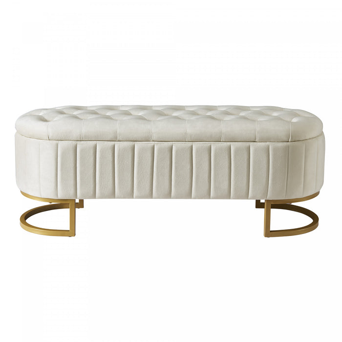 Banc de rangement elegant Amelia en velours capitonne avec pieds en metal, beige