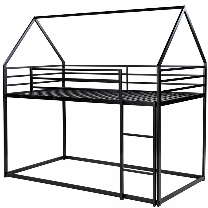 Lits superposes Liam en forme de maison avec echelle integree et cadre en metal, taille Twin sur Twin, noir