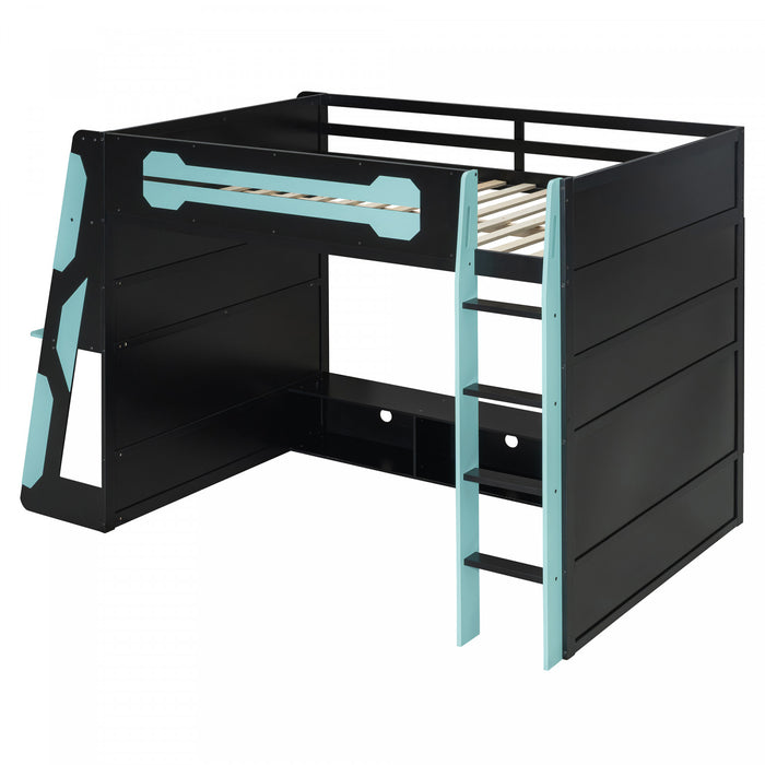 Olivia Lit mezzanine en bois avec bureau et etageres de rangement multiples, Lumiere RGB, Bleu