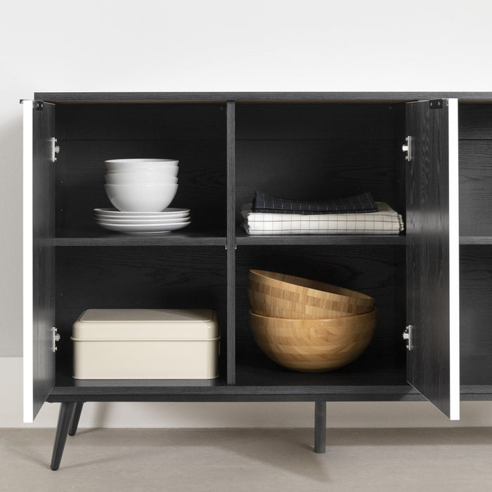 Mezzy Buffet 2 Portes Avec Rangement Ouvert - Chene Noir Et Faux Marbre Blanc