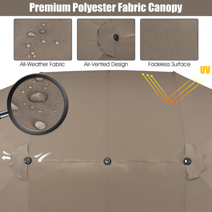 Parasol de patio jumeau double face Costway de 15 pieds, ombrage exterieur, manivelle et base de marche couleur cafe