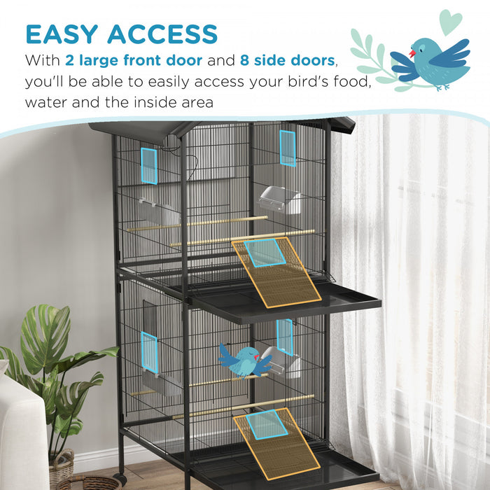 Pawhut Cage A Oiseaux En Metal Forge Avec Support Roulant, Conteneurs Alimentaires Portes Roues 67\" H, Noir