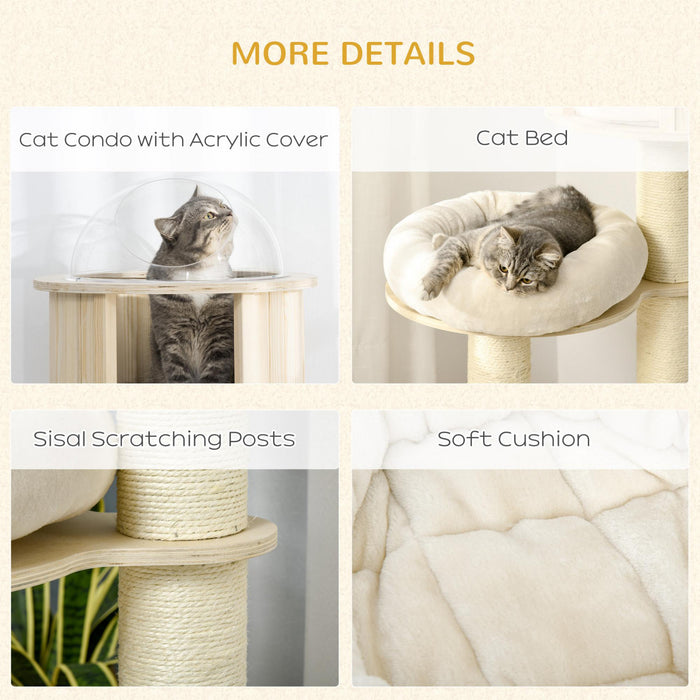 Pawhut 55 Cat Tree Kitty Centre D'activites Chat En Bois Escalade Jouet Pour Animaux De Compagnie Meubles Avec Chat Condo Coussins De Lit Sisal Griffoir, Naturel