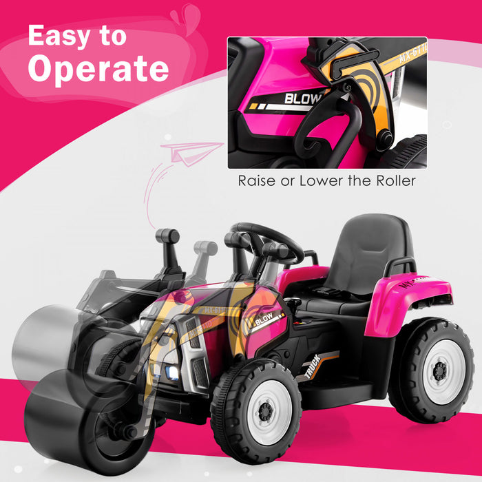Costway Enfants Rouler Sur Route Rouleau 12v Tracteur Electrique A Distance W / Musique & Led Rose Clair