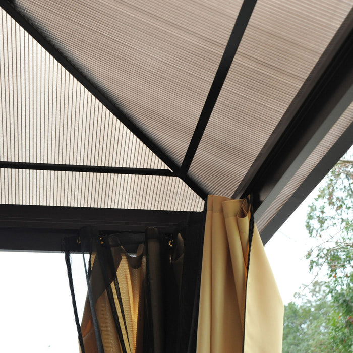 Outsunny 14'x12' Deluxe Hard Top Patio Gazebo Canopy Garden Abri En Aluminium Avec Sunshine Board, Rideaux Et Moustiquaire