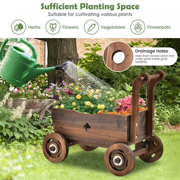 Jardiniere En Bois En Forme De Brouette, Chariot Decoratif Avec Roues, Poignees, Trou De Drainage, Support De Pot De Fleurs Roulant, Pot De Fleurs Rustique, Interieur Et Exterieur, Jardin, Terrasse, Balcon,