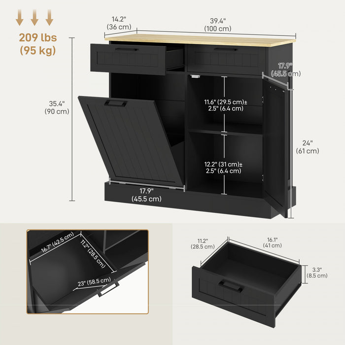 HOMCOM Poubelle inclinable, ilot de cuisine avec 2 tiroirs, noir