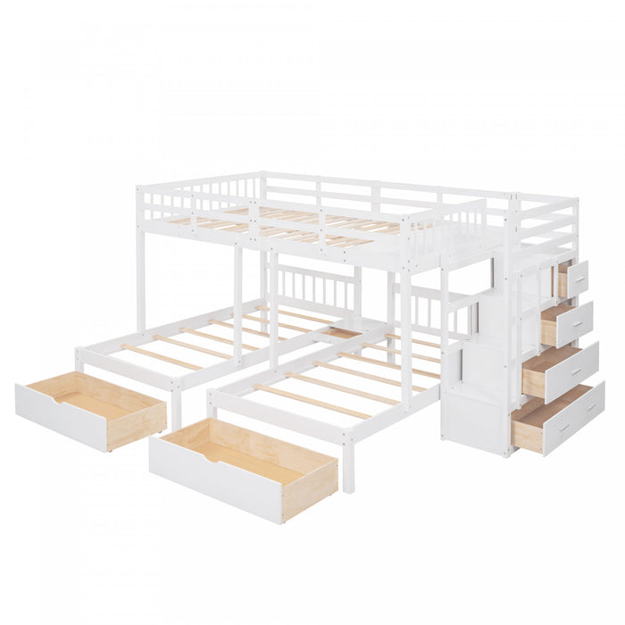 Lit Superpose Triple Simple Claire En Bois Massif Avec Tiroirs Et Barrieres De Securite - Blanc