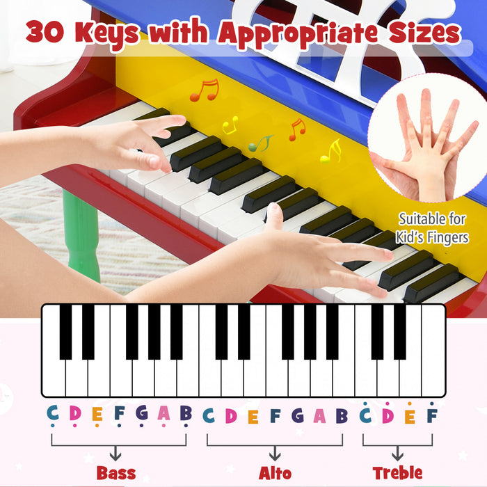 Costway Piano a Queue Classique Bebe 30 Touches, Jouet en Bois pour Bout de Chou avec Banc et Porte-Partition - Multicolore